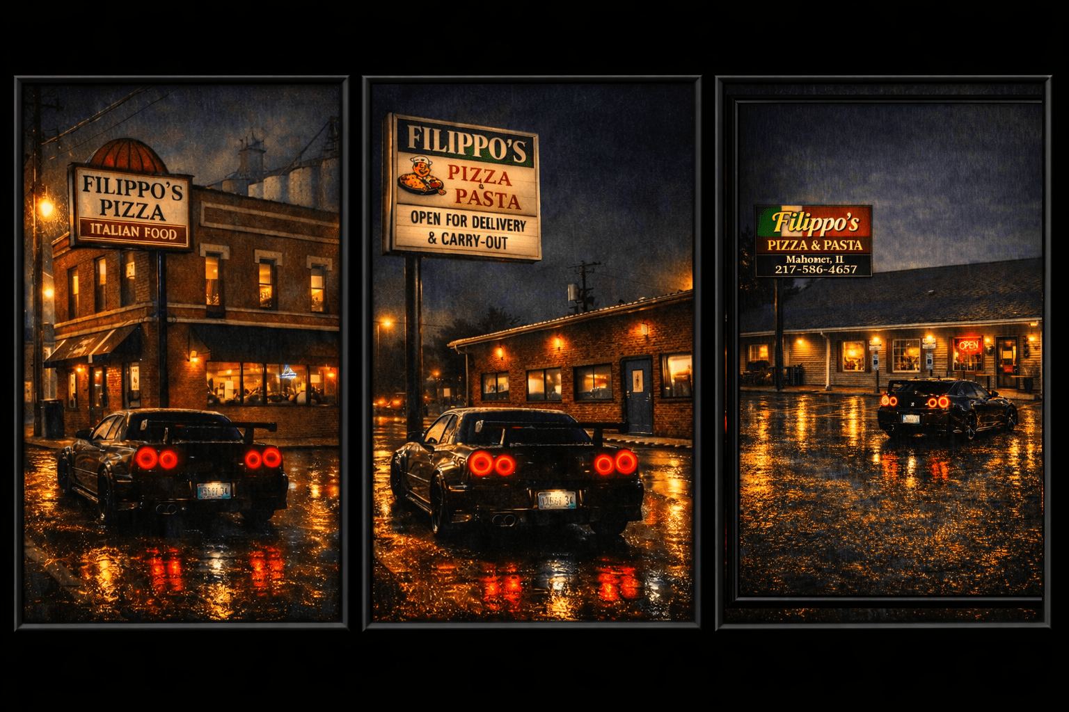 Three framed night scenes of a black sports car parked outside Filippo's Pizza in the rain.