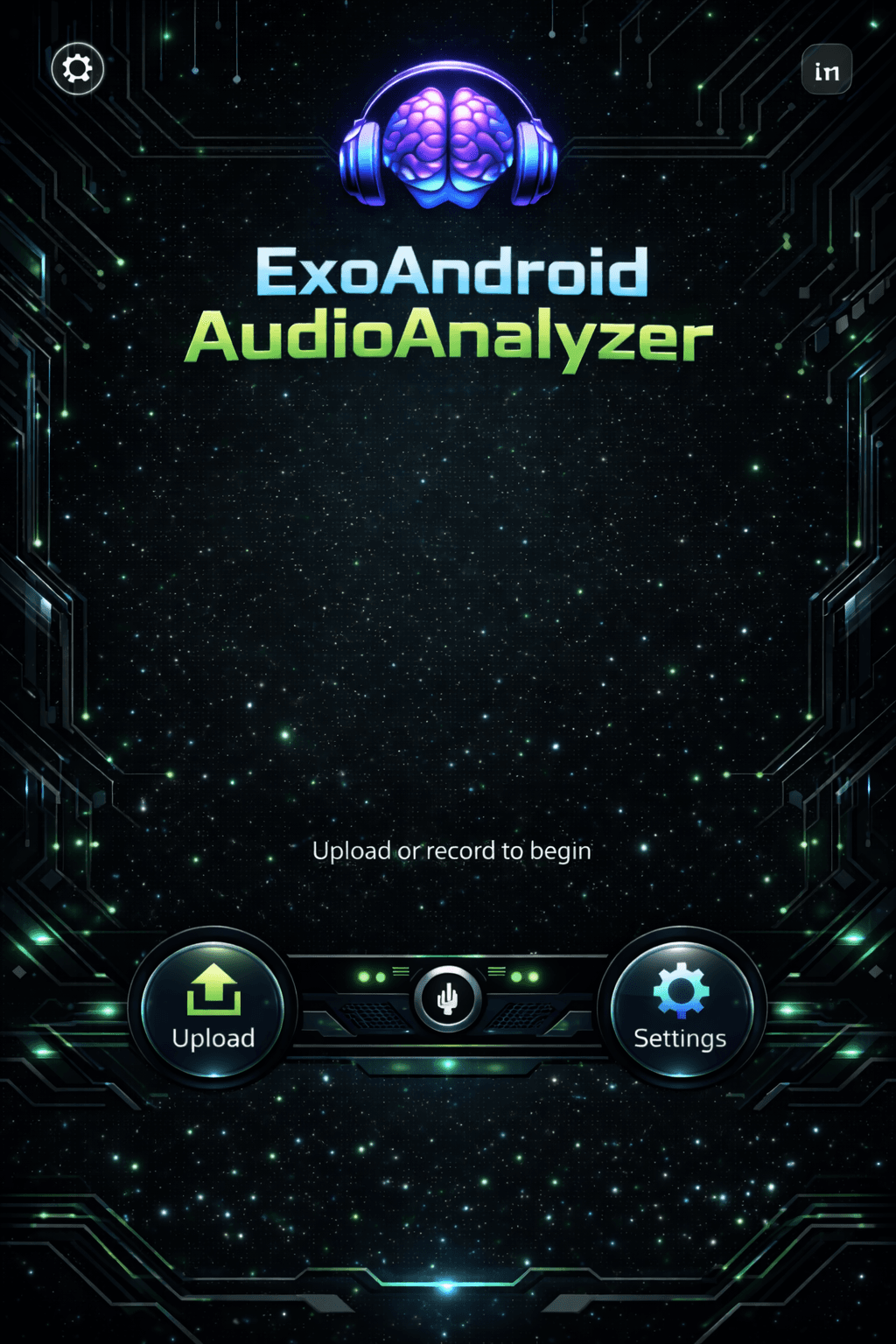 ExoAndroidAudioAnalyzer Android interface with upload and settings controls