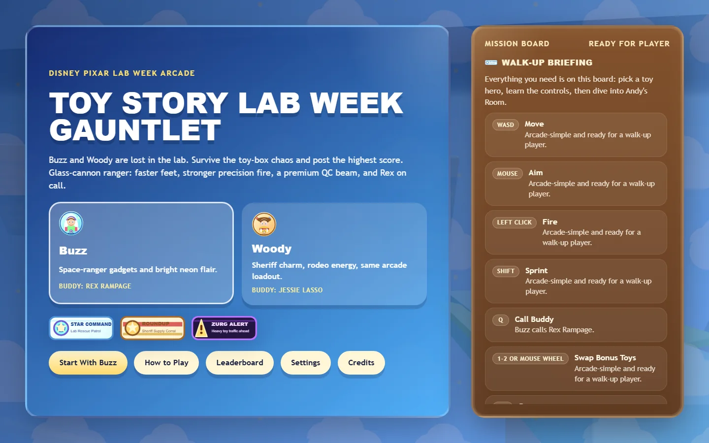 Toy Story Lab Week Gauntlet start screen with character selection and game controls